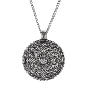 Tibetan Antique Silver Om Lotus Mandala Necklace
